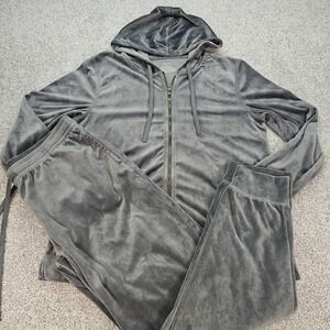 Hue Jogger Set Women's Size Medium Grey Velour Hooded Zip-up Tracksuit EUC